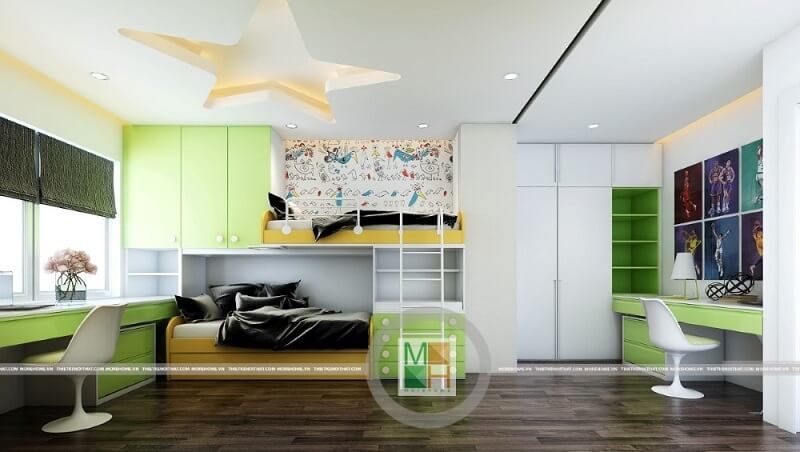 Mẫu thiết kế nội thất phòng ngủ trẻ em hiện đại dành cho các căn hộ nhỏ gọn với tông màu xanh làm chủ đạo.